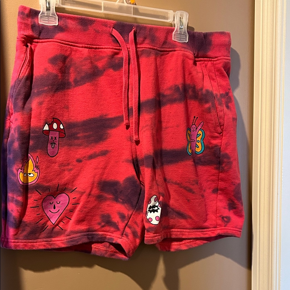 Vibrant Red Tie-Dye Athletic Shorts with Fun Patches